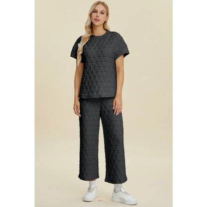 Double Take Full Size Texture Round Neck Short Sleeve Top and Pants Set.