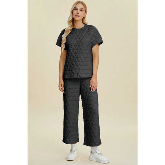 Double Take Full Size Texture Round Neck Short Sleeve Top and Pants Set.