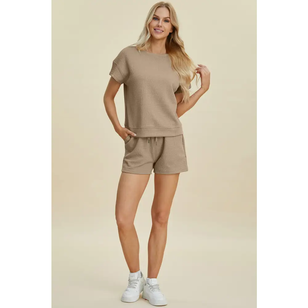 Double Take Full Size Texture Short Sleeve Top and Shorts Set.