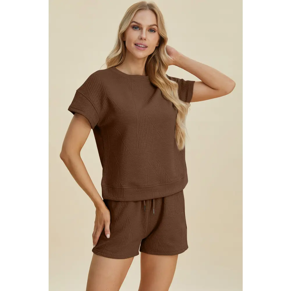 Double Take Full Size Texture Short Sleeve Top and Shorts Set - KRIFFA 