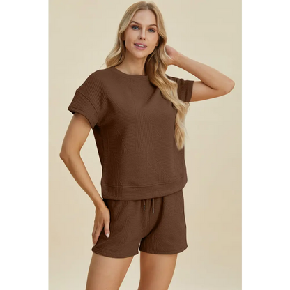 Double Take Full Size Texture Short Sleeve Top and Shorts Set - KRIFFA 