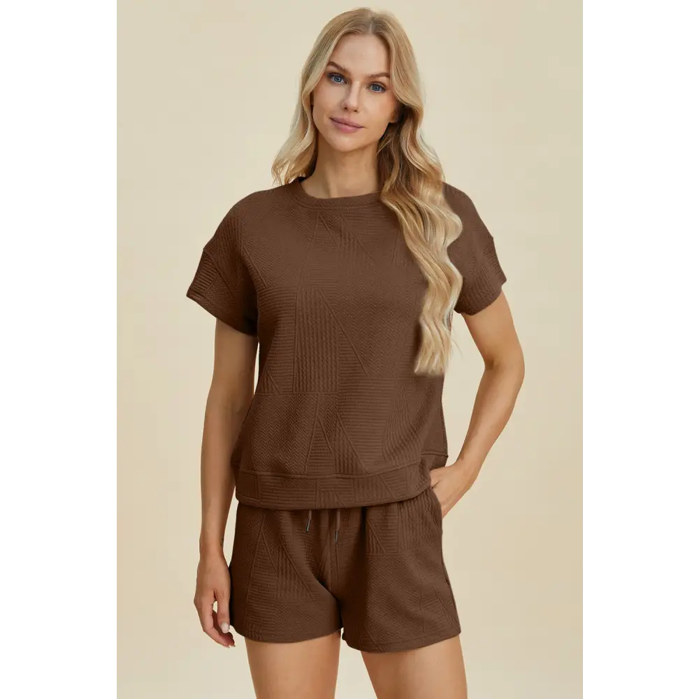 Double Take Full Size Texture Short Sleeve Top and Shorts Set - KRIFFA 