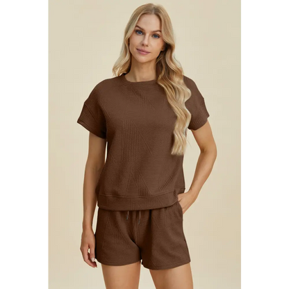 Double Take Full Size Texture Short Sleeve Top and Shorts Set - KRIFFA 