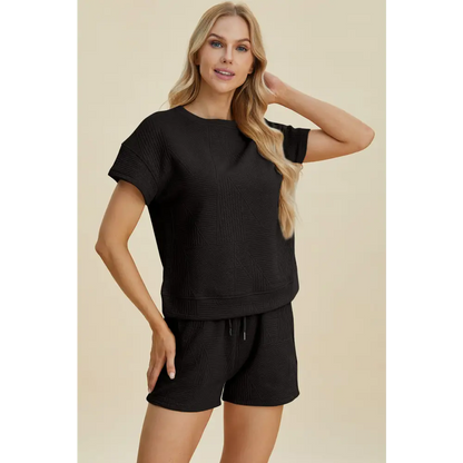 Double Take Full Size Texture Short Sleeve Top and Shorts Set - KRIFFA 