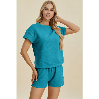 Double Take Full Size Texture Short Sleeve Top and Shorts Set - KRIFFA 
