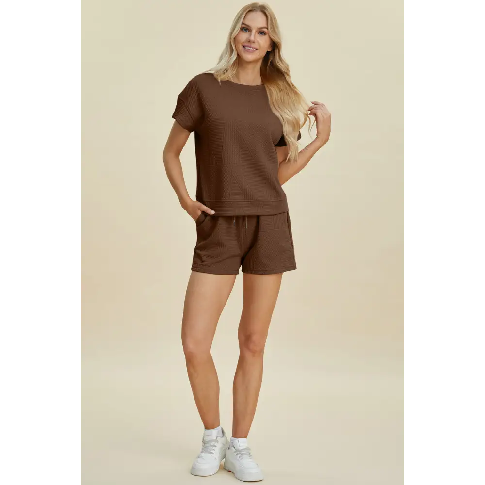 Double Take Full Size Texture Short Sleeve Top and Shorts Set - KRIFFA 