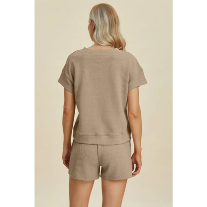 Double Take Full Size Texture Short Sleeve Top and Shorts Set.