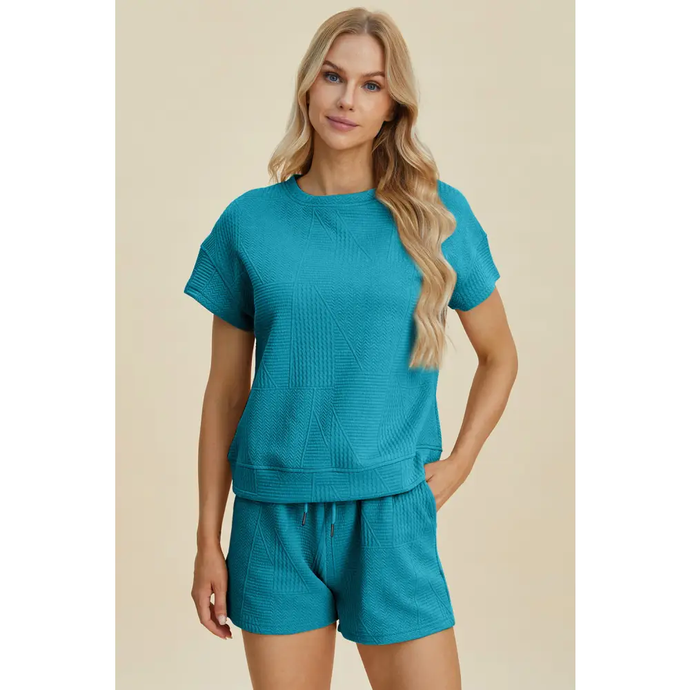 Double Take Full Size Texture Short Sleeve Top and Shorts Set - KRIFFA 