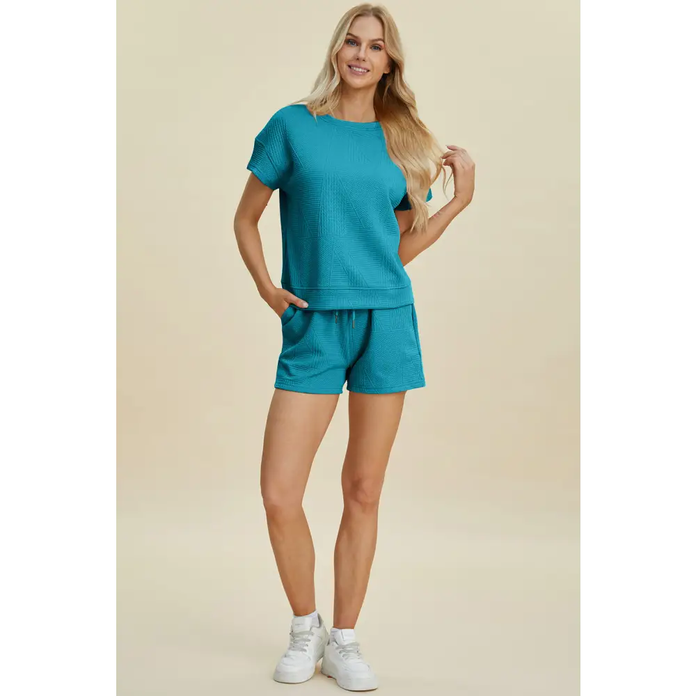 Double Take Full Size Texture Short Sleeve Top and Shorts Set - KRIFFA 
