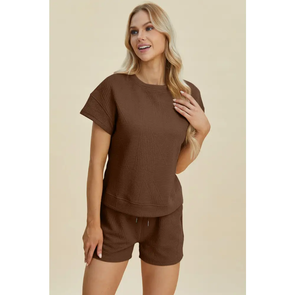 Double Take Full Size Texture Short Sleeve Top and Shorts Set - KRIFFA 