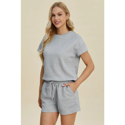 Double Take Full Size Texture Short Sleeve Top and Shorts Set.
