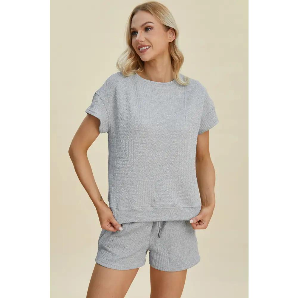 Double Take Full Size Texture Short Sleeve Top and Shorts Set.