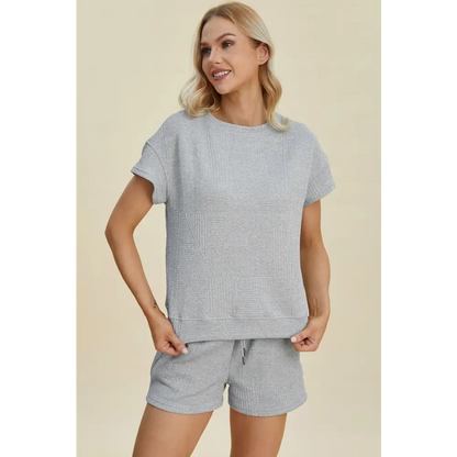 Double Take Full Size Texture Short Sleeve Top and Shorts Set.