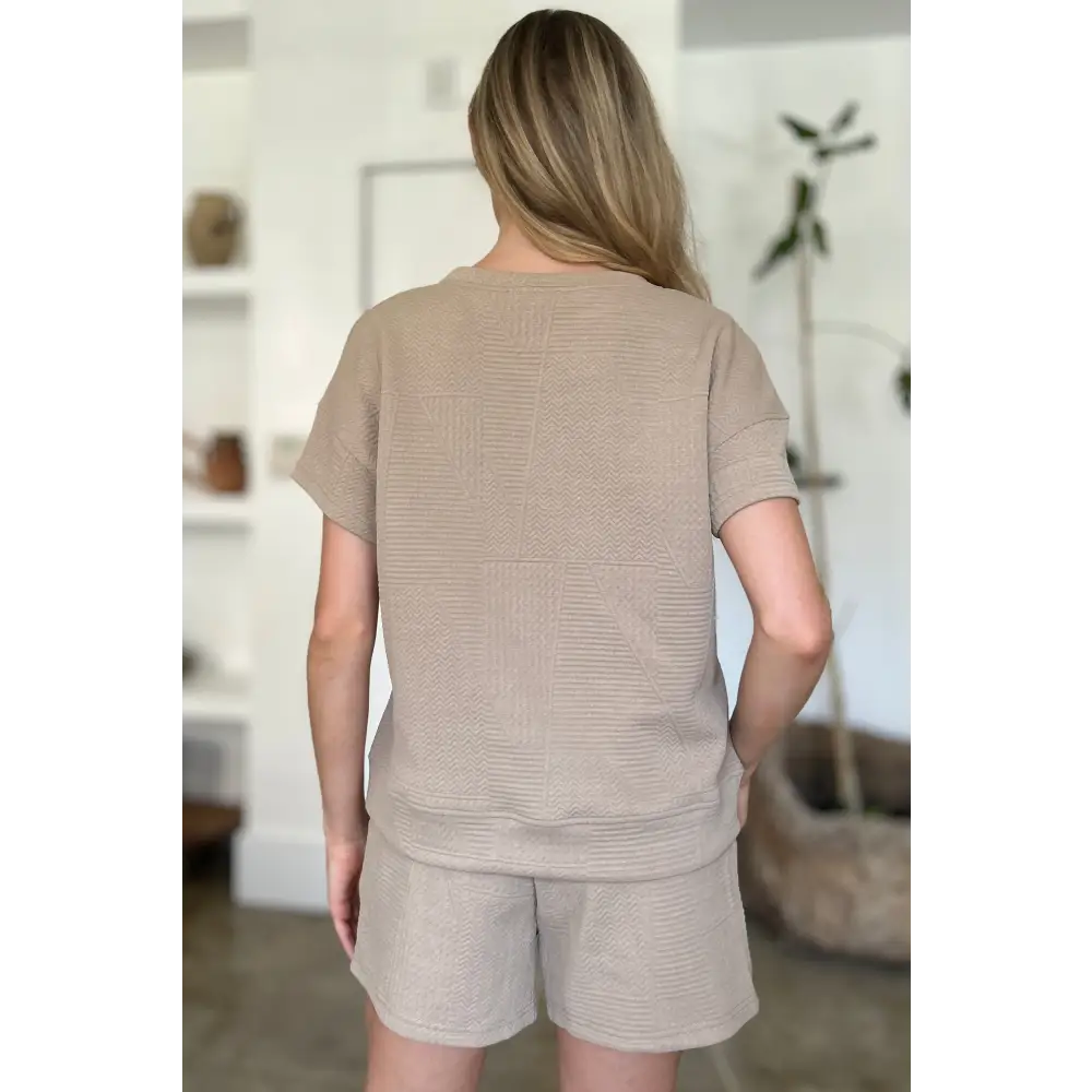 Double Take Full Size Texture Short Sleeve Top and Shorts Set.