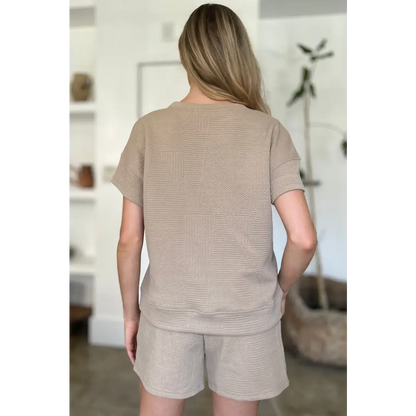 Double Take Full Size Texture Short Sleeve Top and Shorts Set.