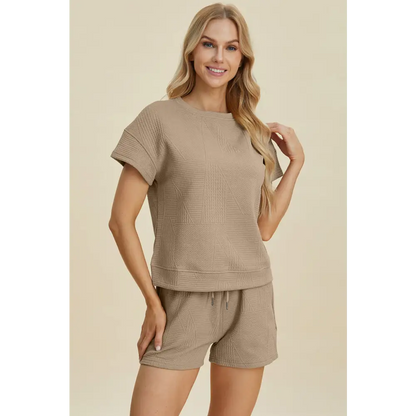 Double Take Full Size Texture Short Sleeve Top and Shorts Set.