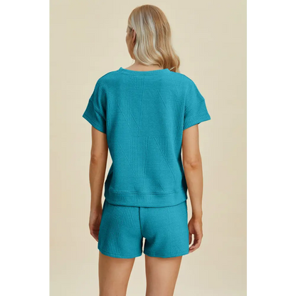 Double Take Full Size Texture Short Sleeve Top and Shorts Set - KRIFFA 