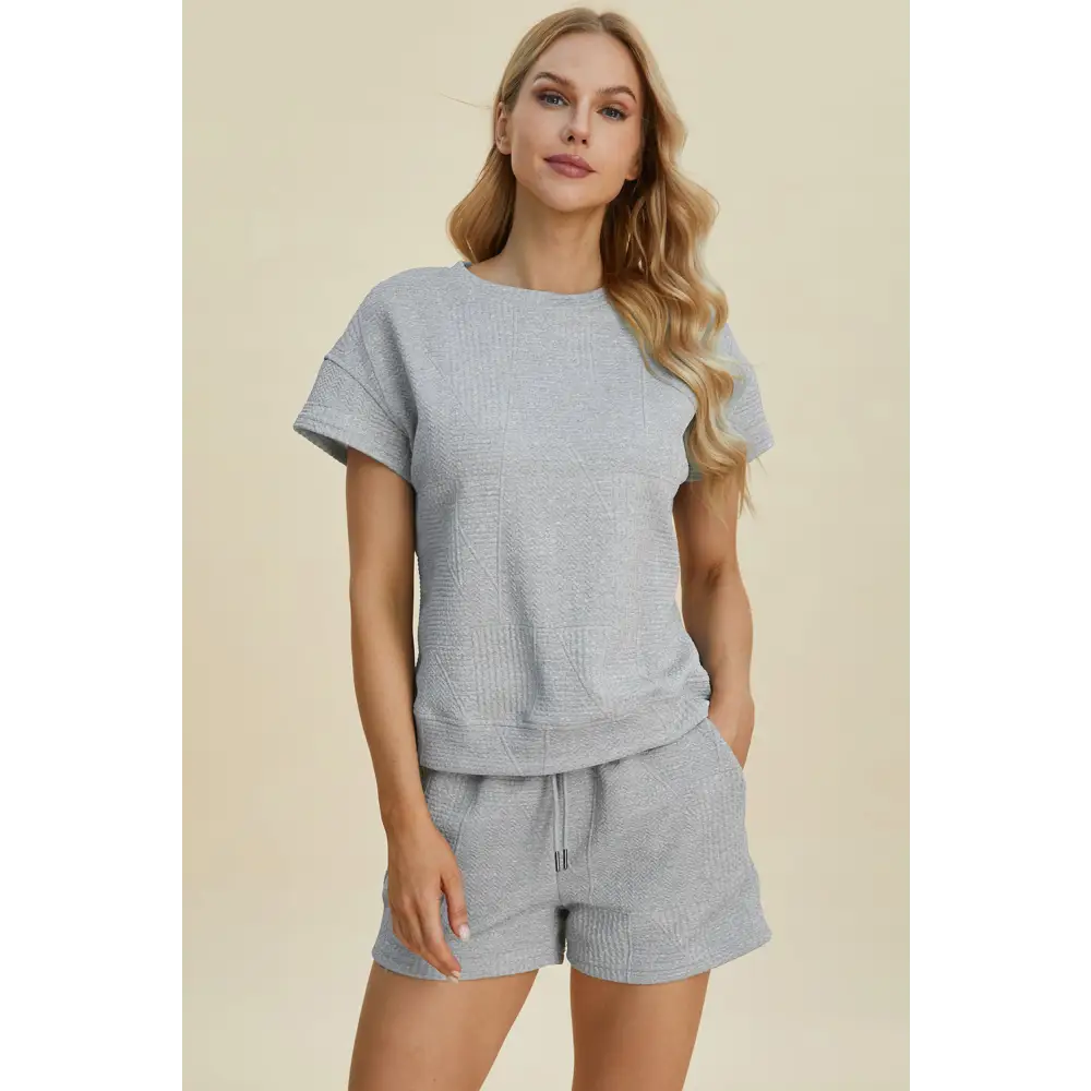 Double Take Full Size Texture Short Sleeve Top and Shorts Set.