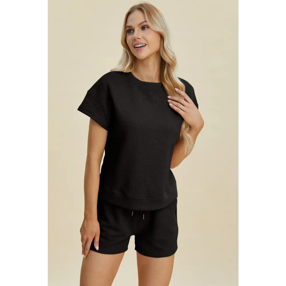 Double Take Full Size Texture Short Sleeve Top and Shorts Set - KRIFFA 