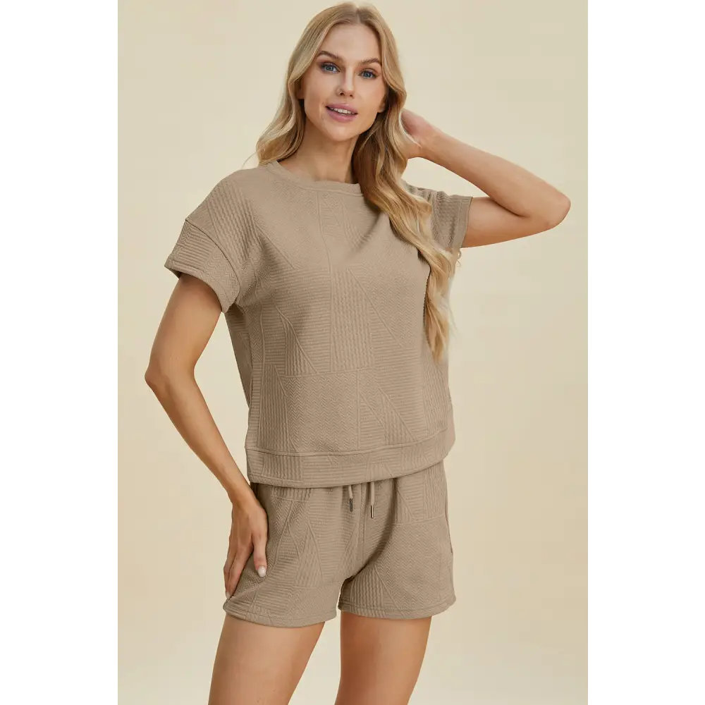 Double Take Full Size Texture Short Sleeve Top and Shorts Set.