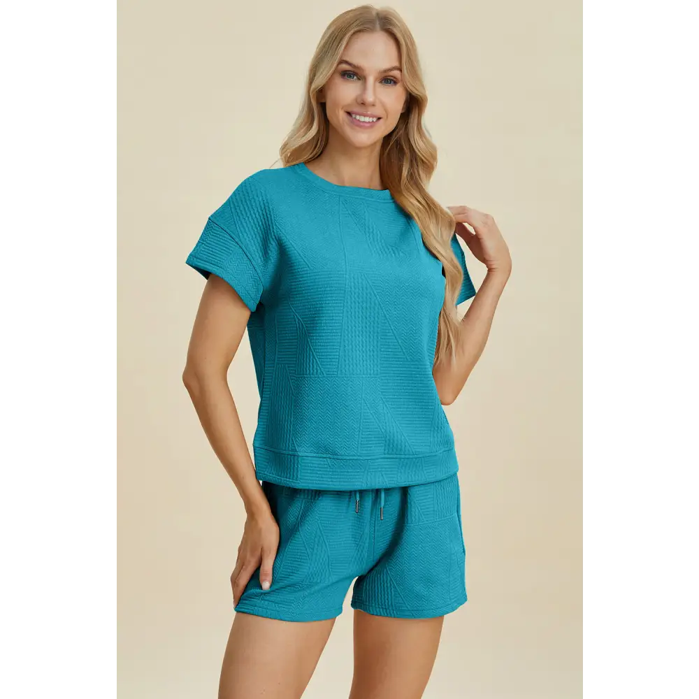 Double Take Full Size Texture Short Sleeve Top and Shorts Set - KRIFFA 