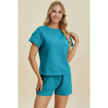 Double Take Full Size Texture Short Sleeve Top and Shorts Set - KRIFFA 