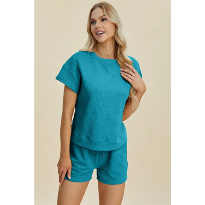 Double Take Full Size Texture Short Sleeve Top and Shorts Set - KRIFFA 