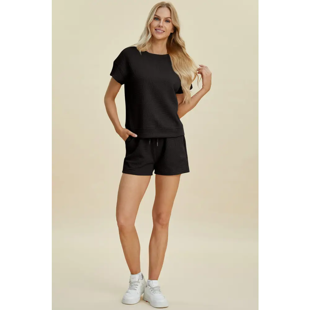 Double Take Full Size Texture Short Sleeve Top and Shorts Set - KRIFFA 