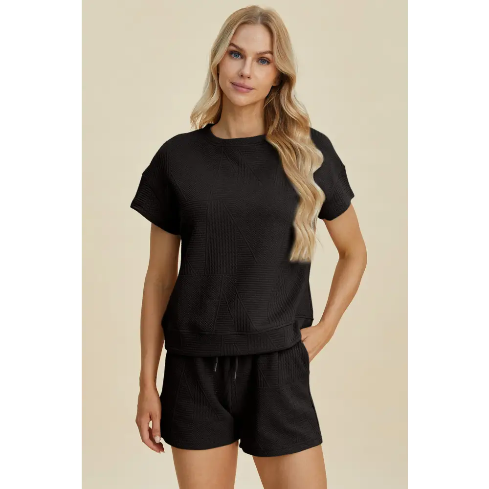 Double Take Full Size Texture Short Sleeve Top and Shorts Set.