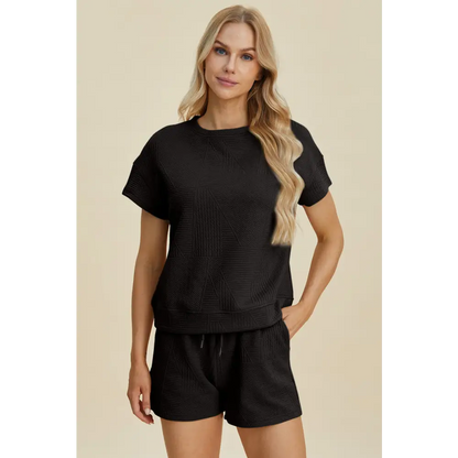 Double Take Full Size Texture Short Sleeve Top and Shorts Set.
