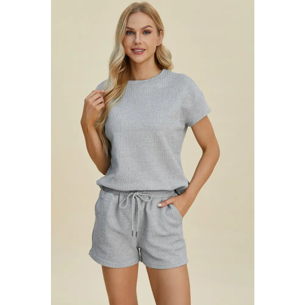 Double Take Full Size Texture Short Sleeve Top and Shorts Set.