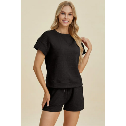 Double Take Full Size Texture Short Sleeve Top and Shorts Set.
