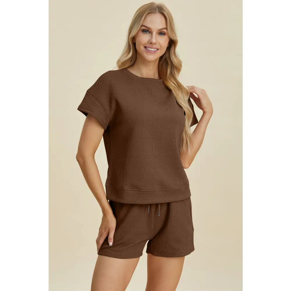 Double Take Full Size Texture Short Sleeve Top and Shorts Set - KRIFFA 