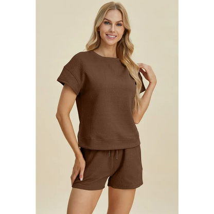 Double Take Full Size Texture Short Sleeve Top and Shorts Set - KRIFFA 