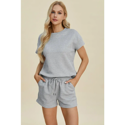 Double Take Full Size Texture Short Sleeve Top and Shorts Set.
