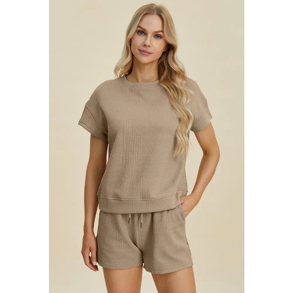 Double Take Full Size Texture Short Sleeve Top and Shorts Set.