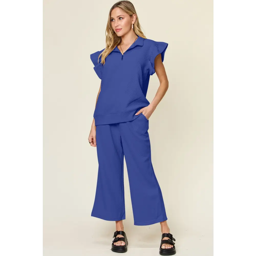 Double Take Texture Ruffle Short Sleeve Top and Drawstring Wide Leg Pants Set.