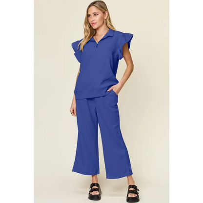 Double Take Texture Ruffle Short Sleeve Top and Drawstring Wide Leg Pants Set.
