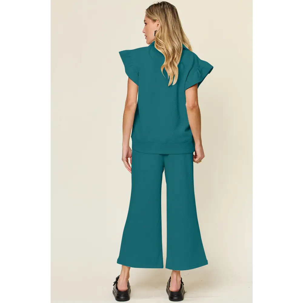 Double Take Texture Ruffle Short Sleeve Top and Drawstring Wide Leg Pants Set.