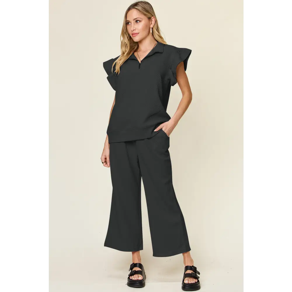 Double Take Texture Ruffle Short Sleeve Top and Drawstring Wide Leg Pants Set.