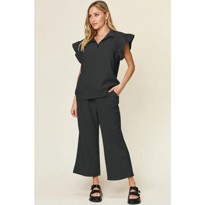 Double Take Texture Ruffle Short Sleeve Top and Drawstring Wide Leg Pants Set.