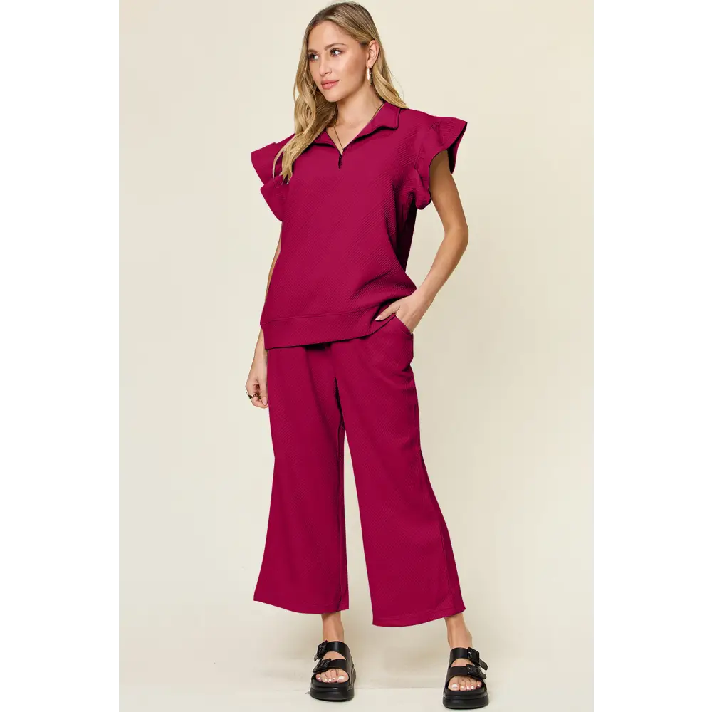Double Take Texture Ruffle Short Sleeve Top and Drawstring Wide Leg Pants Set.