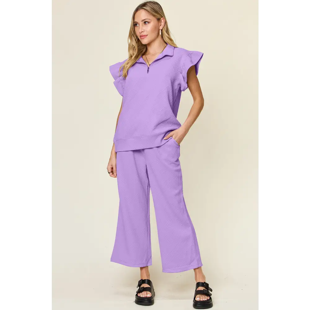 Double Take Texture Ruffle Short Sleeve Top and Drawstring Wide Leg Pants Set.