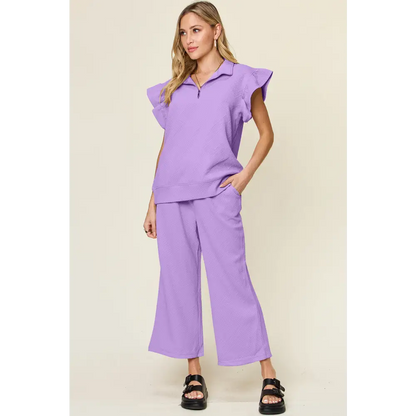 Double Take Texture Ruffle Short Sleeve Top and Drawstring Wide Leg Pants Set.