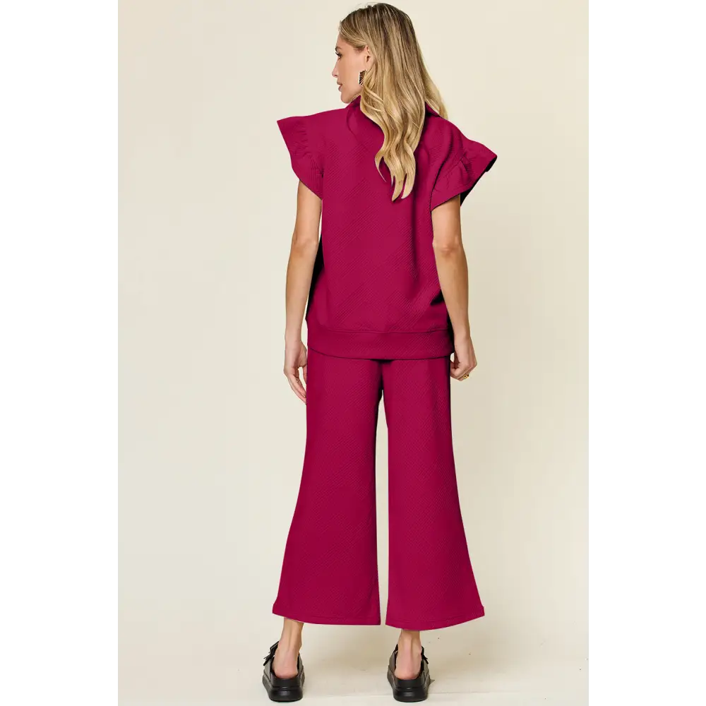 Double Take Texture Ruffle Short Sleeve Top and Drawstring Wide Leg Pants Set.