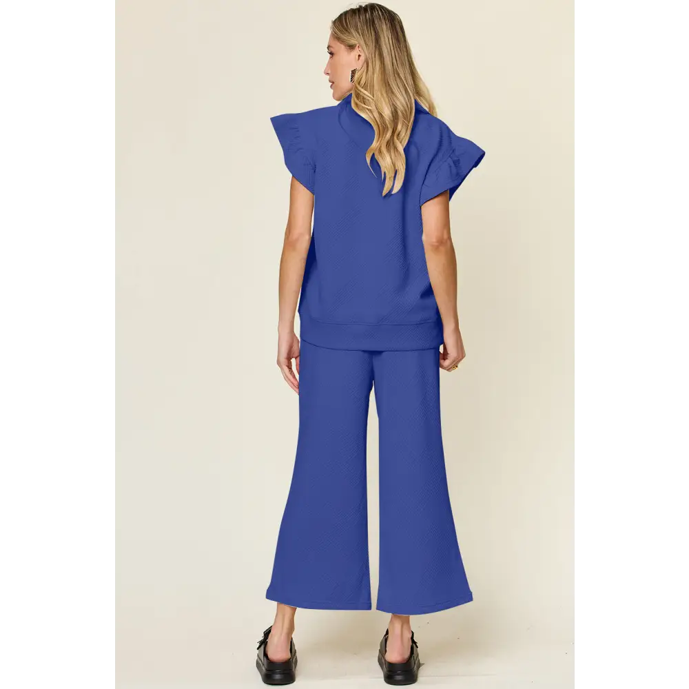 Double Take Texture Ruffle Short Sleeve Top and Drawstring Wide Leg Pants Set.