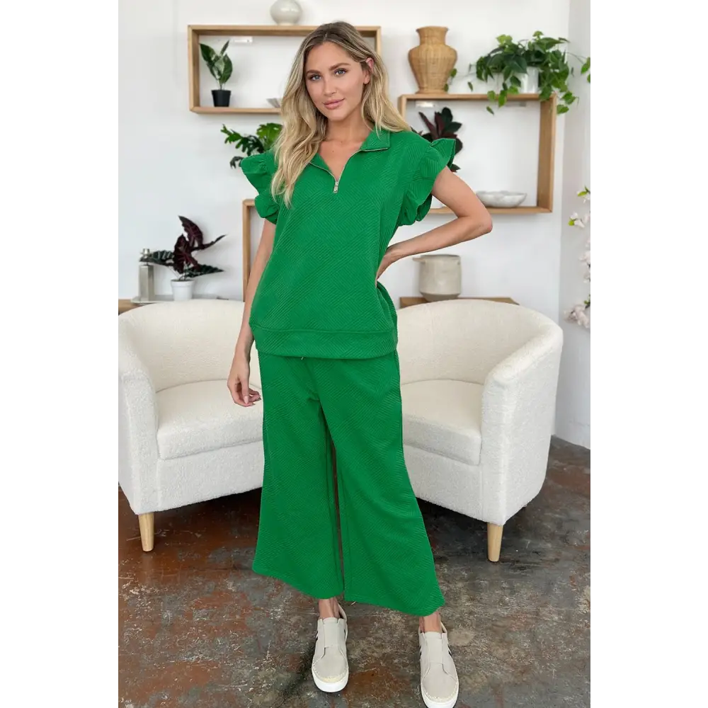 Double Take Texture Ruffle Short Sleeve Top and Drawstring Wide Leg Pants Set.