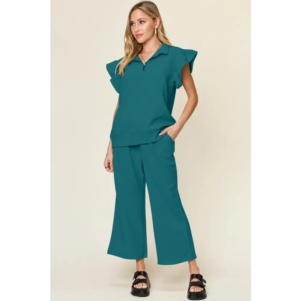 Double Take Texture Ruffle Short Sleeve Top and Drawstring Wide Leg Pants Set.