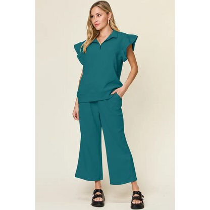 Double Take Texture Ruffle Short Sleeve Top and Drawstring Wide Leg Pants Set.