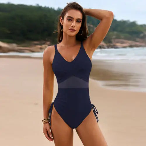 Drawstring Ruched V-Neck One-Piece Swimwear.